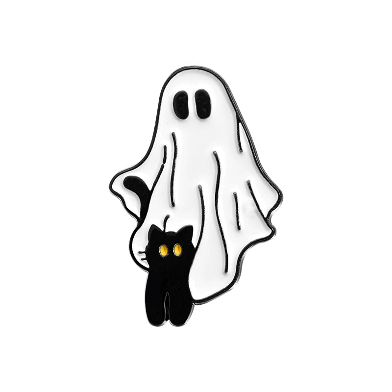 Halloween essentials Black cat White ghost brooch Metal badge Personality pin Student bag ornament Halloween medal