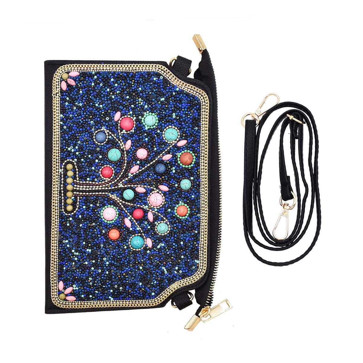 Xinjiang retro animal and plant messenger bag ethnic turquoise rice bead mobile phone bag Yunnan leather shoulder bag clutch bag