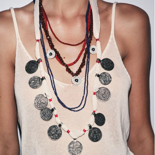 European and American big-name design sense niche multi-layer stacked necklace women's metal badge handmade beaded waterfall necklace