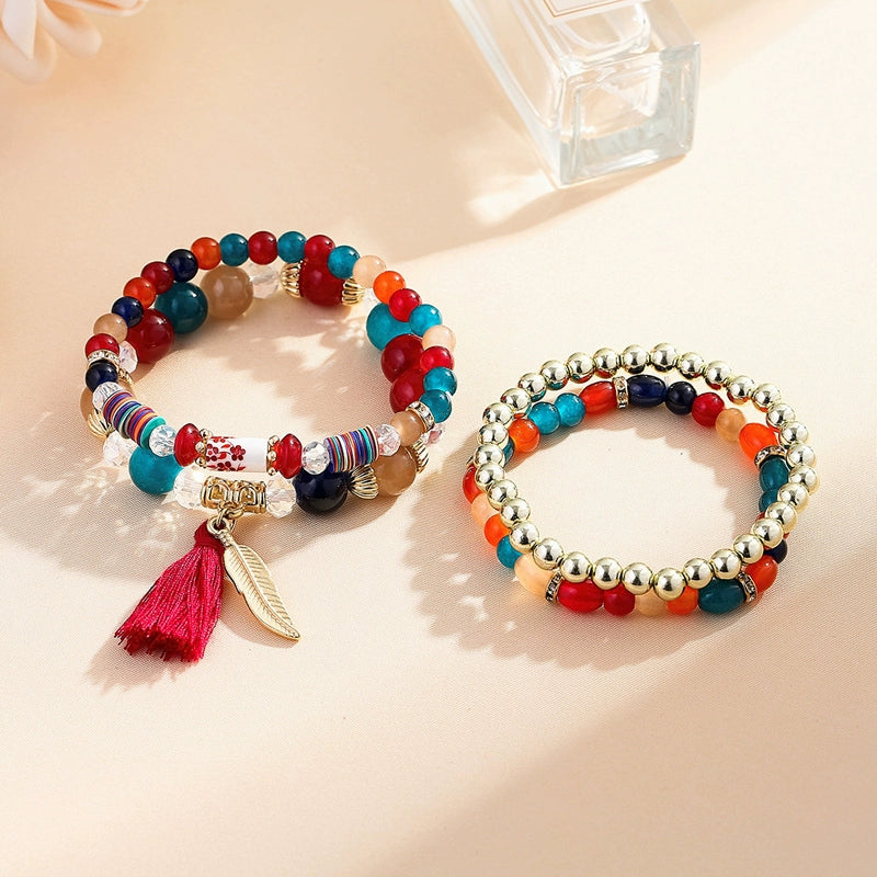 Ethnic style multi-layer beaded bracelet temperament versatile retro style fringed pendant crystal bracelet accessories