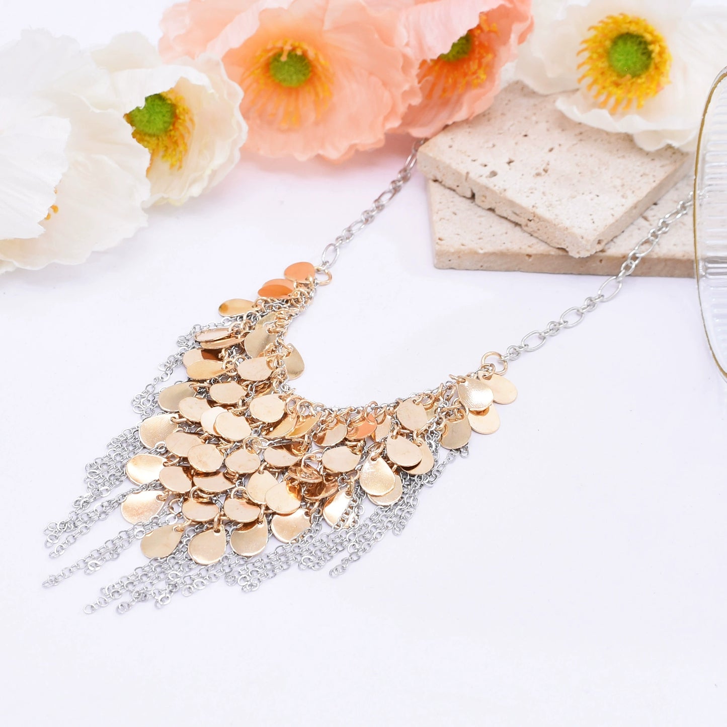 European and American water drop-shaped metal fringed necklace set double-layer stacked key pendant neck chain fashionable versatile necklace women