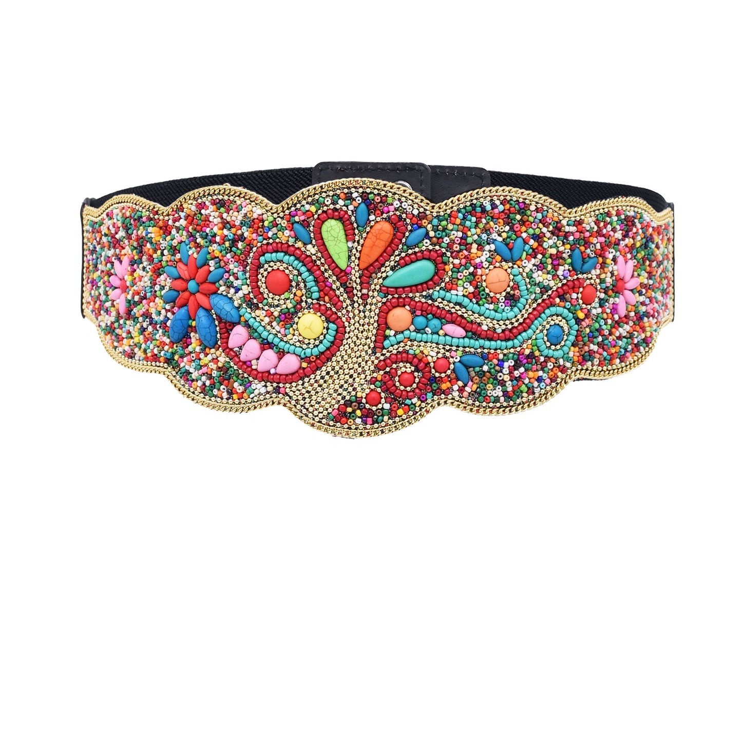 Color imitation turquoise rice beads elastic waist seal women's high-end sense ethnic style wide belt Xinjiang Kashgar travel photography waist jewelry women