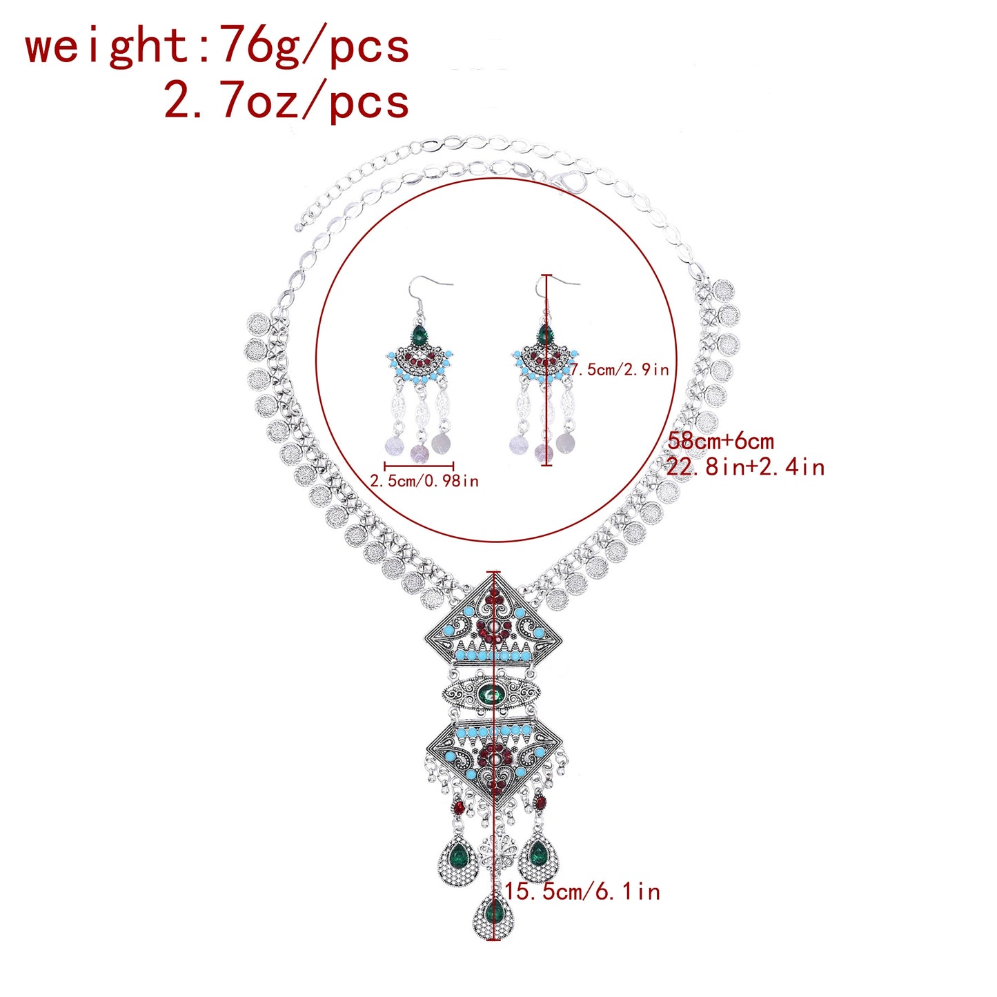 Vintage Exotic Style Tassel Necklace Earrings Set Imitation Turquoise Water Drop Pendant Indian Sweater Chain Photo Accessories Women