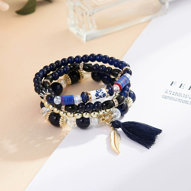 Ethnic style multi-layer beaded bracelet temperament versatile retro style fringed pendant crystal bracelet accessories