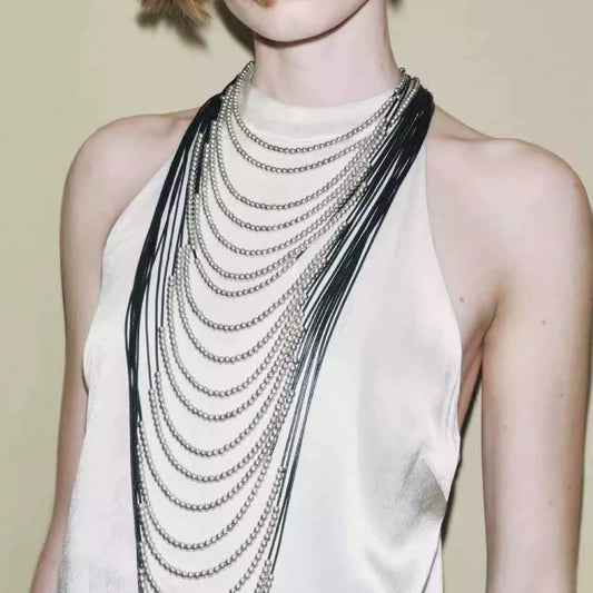 European and American style niche design multi-layer stacked handmade beaded necklace solid color long exaggerated collarbone chain jewelry