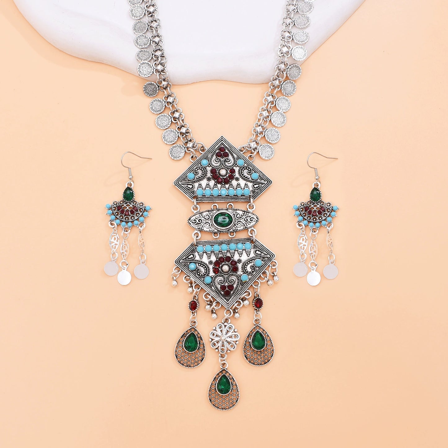 Vintage Exotic Style Tassel Necklace Earrings Set Imitation Turquoise Water Drop Pendant Indian Sweater Chain Photo Accessories Women