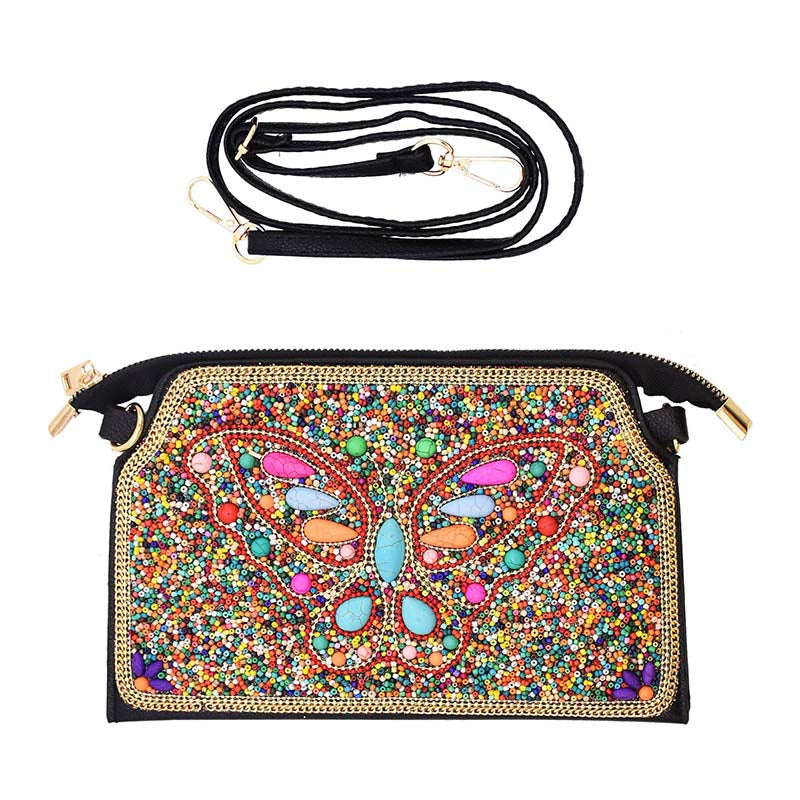 Xinjiang retro animal and plant messenger bag ethnic turquoise rice bead mobile phone bag Yunnan leather shoulder bag clutch bag