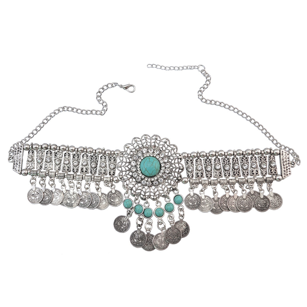 Retro ethnic style imitation turquoise metal neck chain exaggerated collarbone necklace women's personality collar neck chain neck strap jewelry