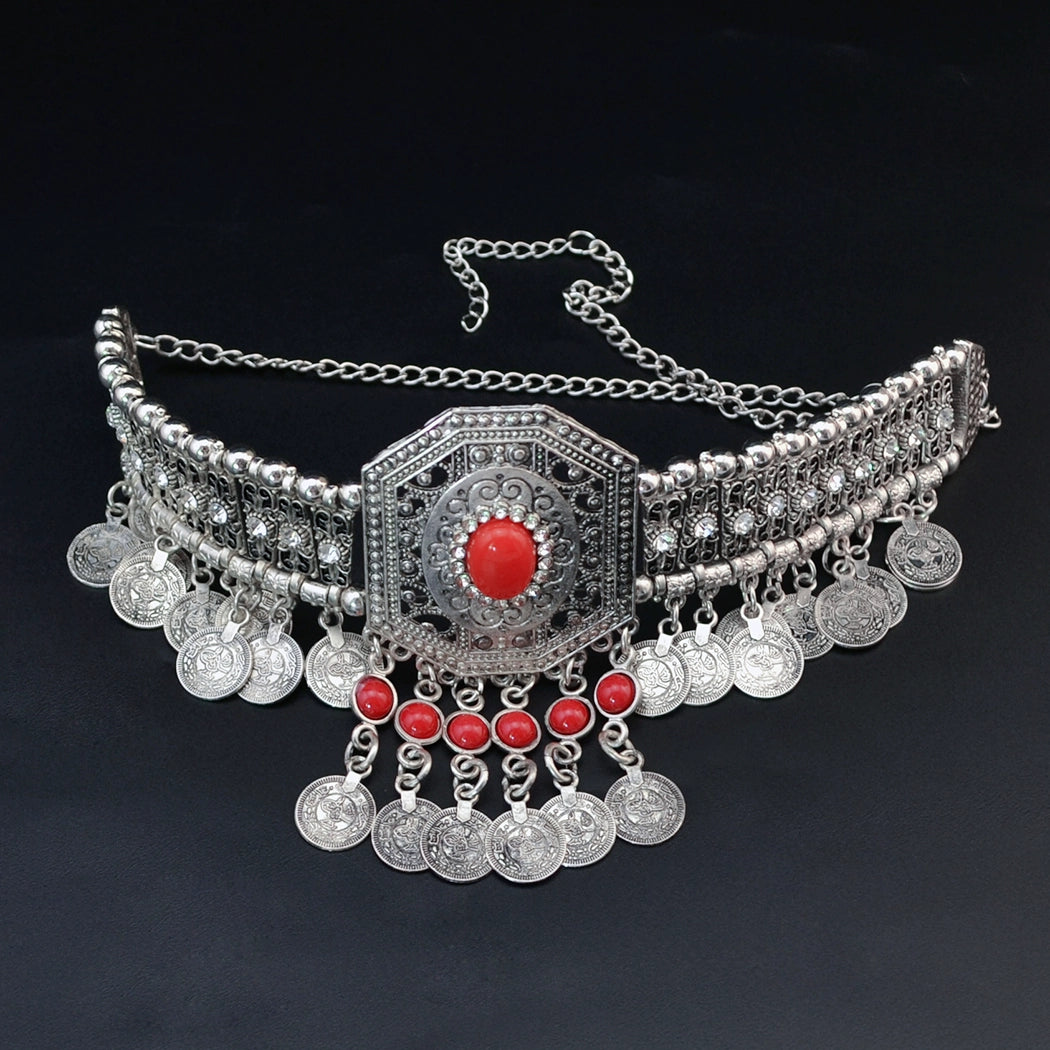 Retro ethnic style imitation turquoise metal neck chain exaggerated collarbone necklace women's personality collar neck chain neck strap jewelry