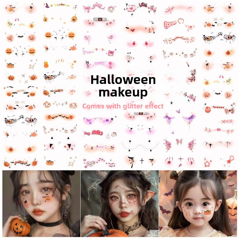 Halloween must-have glitter Halloween children's facial cartoon makeup tattoo sticker face sticker bat decoration pumpkin blush fake scar makeup
