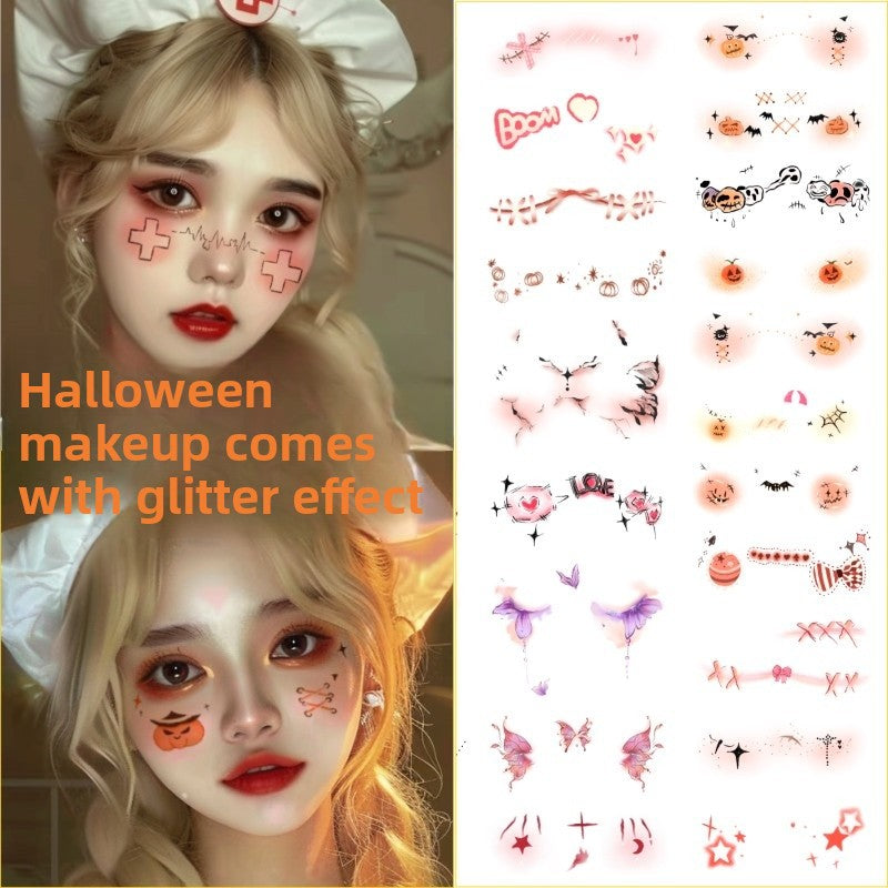 Halloween must-have glitter Halloween children's facial cartoon makeup tattoo sticker face sticker bat decoration pumpkin blush fake scar makeup