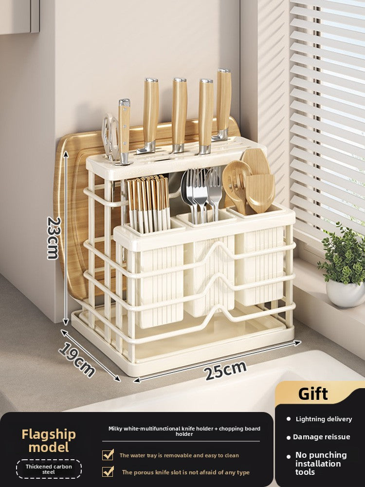 Kitchen knife holder shelf 2025 new countertop cutting board rack kitchen knife chopstick cage integrated cutting board knife storage rack